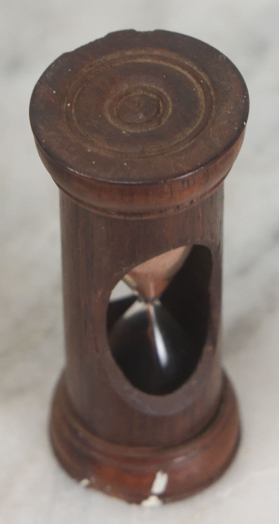Lot 110 - Vintage Red Sand Hourglass In Turned Wooden Holder With Threaded Tops, Note Chips In Wood, Paint Marks, 2-5/8" Height
