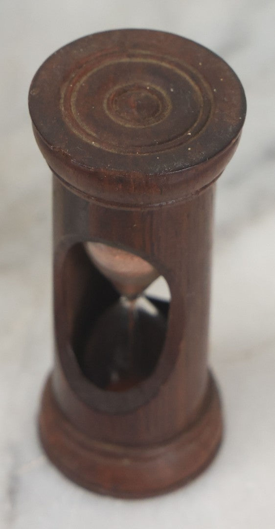 Lot 110 - Vintage Red Sand Hourglass In Turned Wooden Holder With Threaded Tops, Note Chips In Wood, Paint Marks, 2-5/8" Height