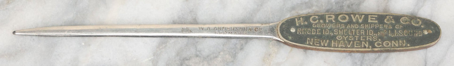 Lot 116 - Single Antique Advertising Letter Opener From H.C. Rowe And Co. Growers And Shippers Of Oysters, New Haven Connecticut, Manufactured By W.A. Anderson And Co., Germany
