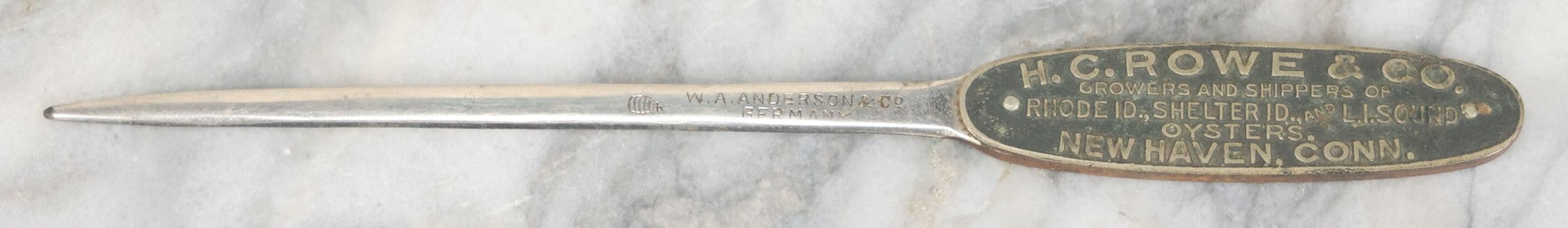 Lot 116 - Single Antique Advertising Letter Opener From H.C. Rowe And Co. Growers And Shippers Of Oysters, New Haven Connecticut, Manufactured By W.A. Anderson And Co., Germany