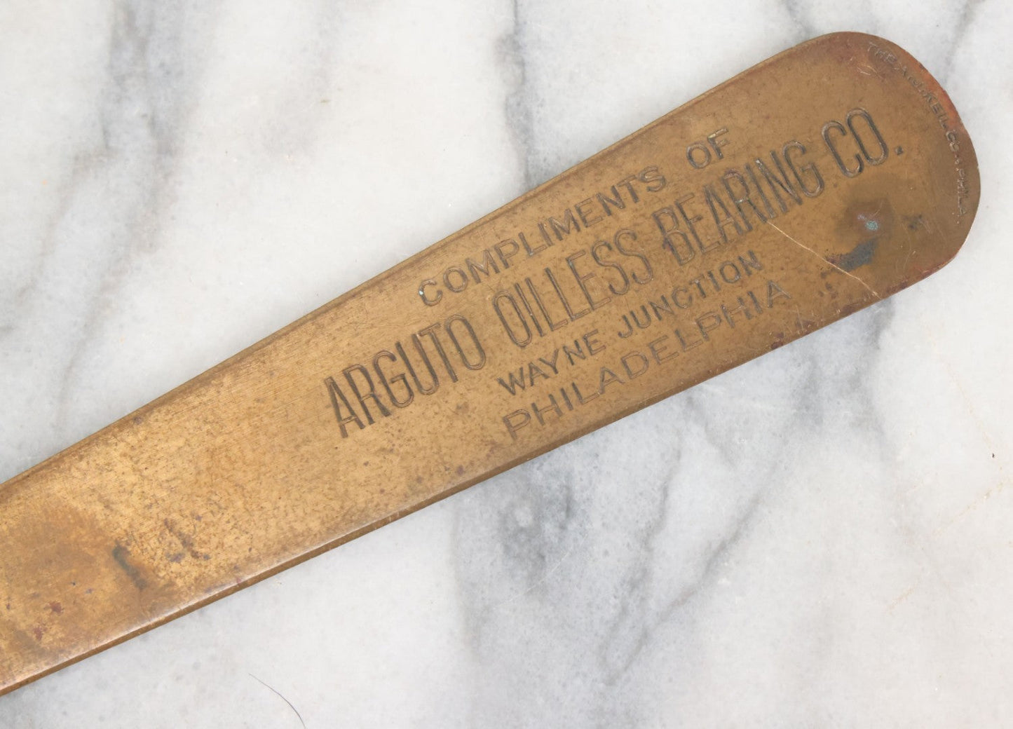 Lot 118 - Single Antique Letter Opener Advertising Arguto Oilless Bearing Co., Wayne Junction, Philadelphia, Manufactured By A.J. Keil Co., Philadelphia