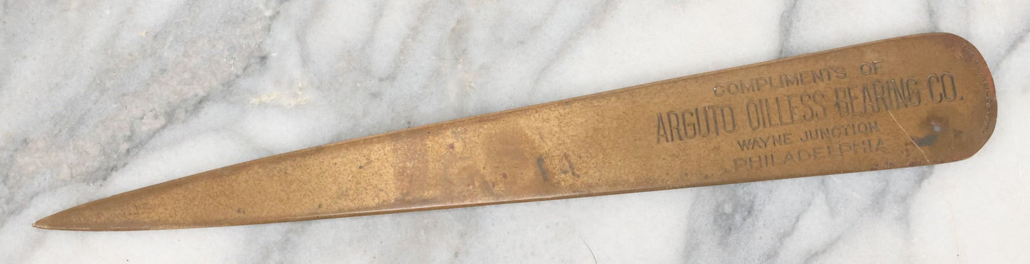 Lot 118 - Single Antique Letter Opener Advertising Arguto Oilless Bearing Co., Wayne Junction, Philadelphia, Manufactured By A.J. Keil Co., Philadelphia