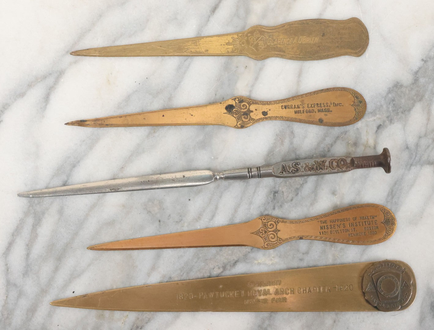 Lot 120 - Grouping Of 5 Antique Advertising Letter Openers Including Clarence A. O'Brien, Patent Attorney, Curran's Express, Inc., A.S. & W. Co., Nissen's Institute, And Pawtucket Fraternal Chapter