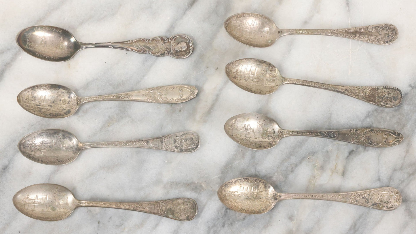 Lot 122 - Grouping Of 8 Antique Souvenir Spoons Relating To Ships And Leaders Of The Spanish American War Including The U.S. Battleship Maine, The Flagship New York, And Others, Manufactured By George E. Homer, Boston