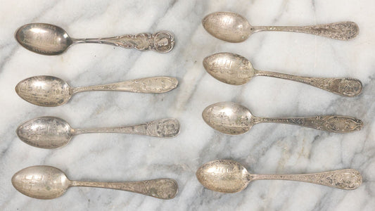 Lot 122 - Grouping Of 8 Antique Souvenir Spoons Relating To Ships And Leaders Of The Spanish American War Including The U.S. Battleship Maine, The Flagship New York, And Others, Manufactured By George E. Homer, Boston