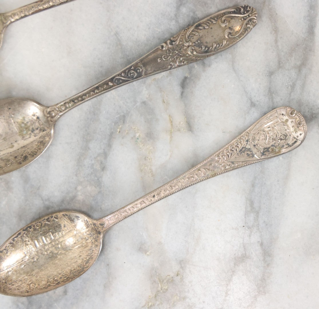 Lot 122 - Grouping Of 8 Antique Souvenir Spoons Relating To Ships And Leaders Of The Spanish American War Including The U.S. Battleship Maine, The Flagship New York, And Others, Manufactured By George E. Homer, Boston