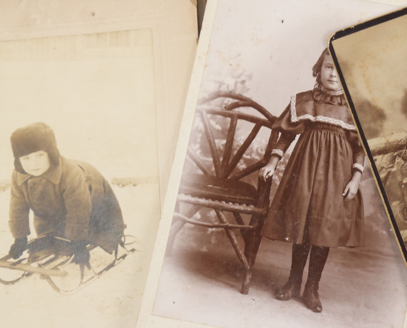 Lot 126 - Grouping Of 10+ Antique And Vintage Cabinet Card, Boarded, And Snapshot Photographs Of Children Posing And At Play, Including Girl With Dog, Children On Horse, Boy On Bicycle, And Boy On Sled
