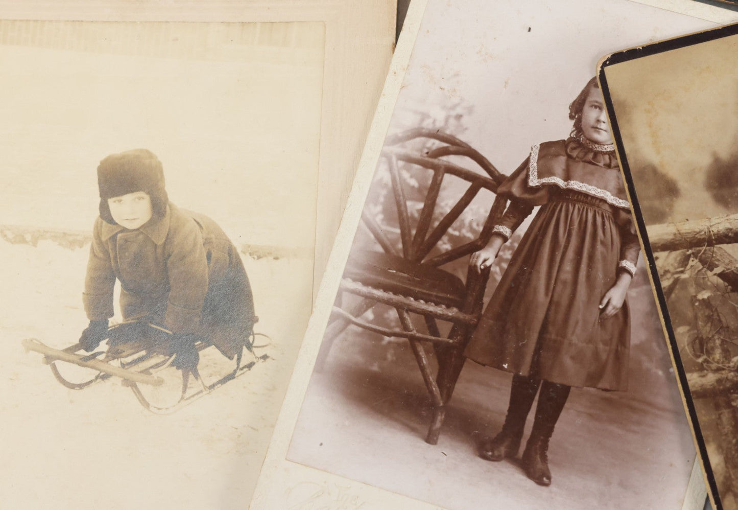 Lot 126 - Grouping Of 10+ Antique And Vintage Cabinet Card, Boarded, And Snapshot Photographs Of Children Posing And At Play, Including Girl With Dog, Children On Horse, Boy On Bicycle, And Boy On Sled