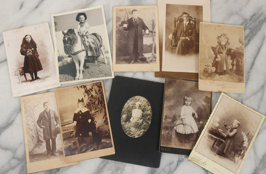 Lot 127 - Grouping Of 10 Antique And Vintage Cabinet Card And Other Photographs Including Little Girl With Hula Hoop, Men With Bowler Hats, Girl With Flower Basket, Girl In Foliage, And Little Boy Dressed As Cowboy