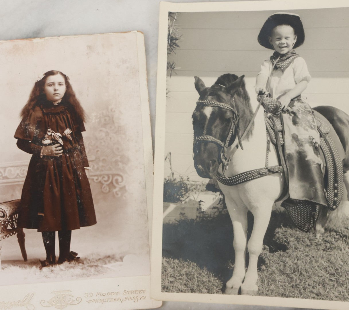 Lot 127 - Grouping Of 10 Antique And Vintage Cabinet Card And Other Photographs Including Little Girl With Hula Hoop, Men With Bowler Hats, Girl With Flower Basket, Girl In Foliage, And Little Boy Dressed As Cowboy