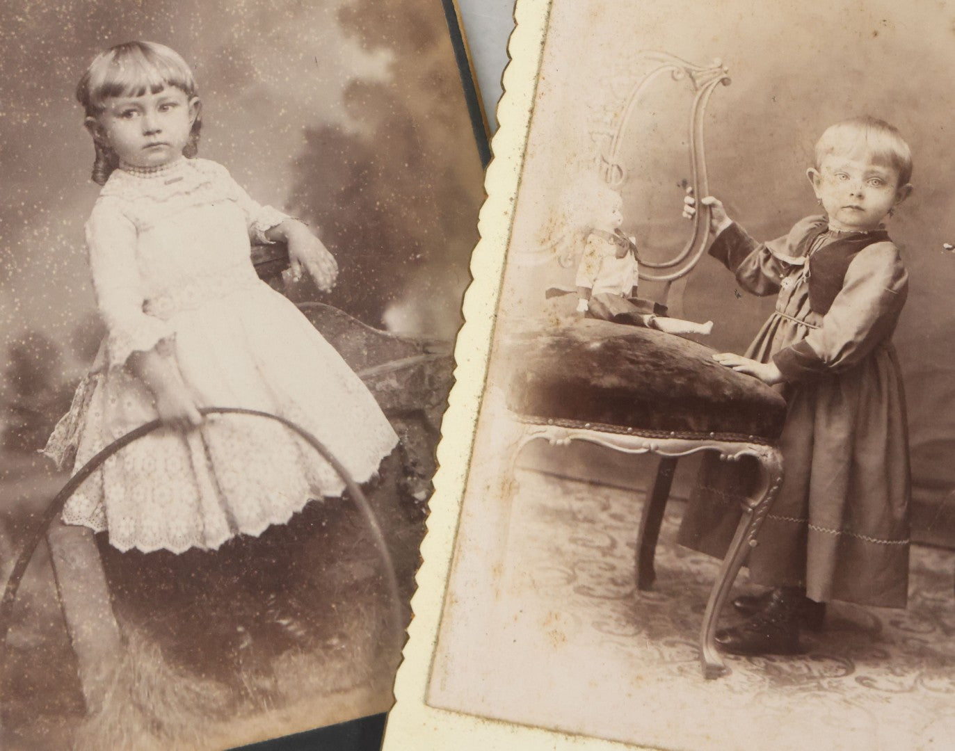 Lot 127 - Grouping Of 10 Antique And Vintage Cabinet Card And Other Photographs Including Little Girl With Hula Hoop, Men With Bowler Hats, Girl With Flower Basket, Girl In Foliage, And Little Boy Dressed As Cowboy