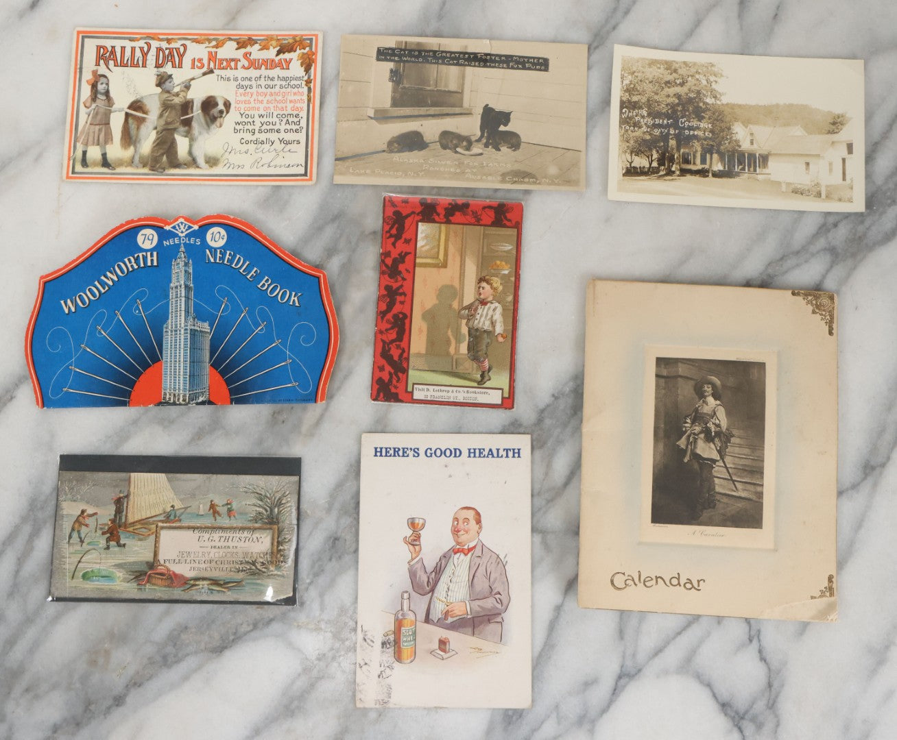 Lot 131 - Mixed 8 Piece Vintage And Antique Ephemera Grouping Including Needle Book Postcards Calendar And Trade Cards