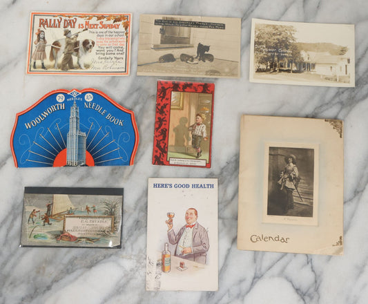 Lot 131 - Mixed 8 Piece Vintage And Antique Ephemera Grouping Including Needle Book Postcards Calendar And Trade Cards