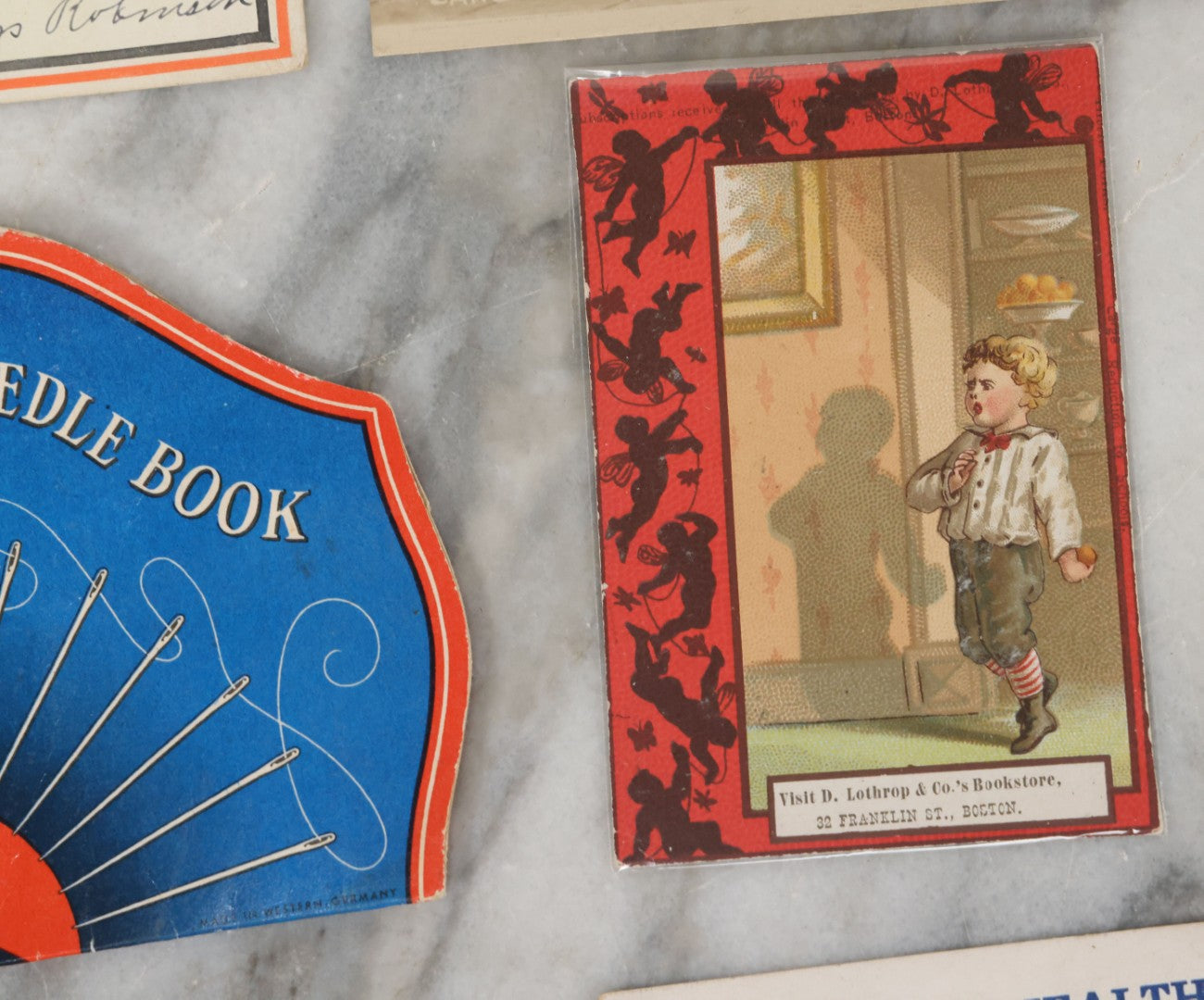 Lot 131 - Mixed 8 Piece Vintage And Antique Ephemera Grouping Including Needle Book Postcards Calendar And Trade Cards
