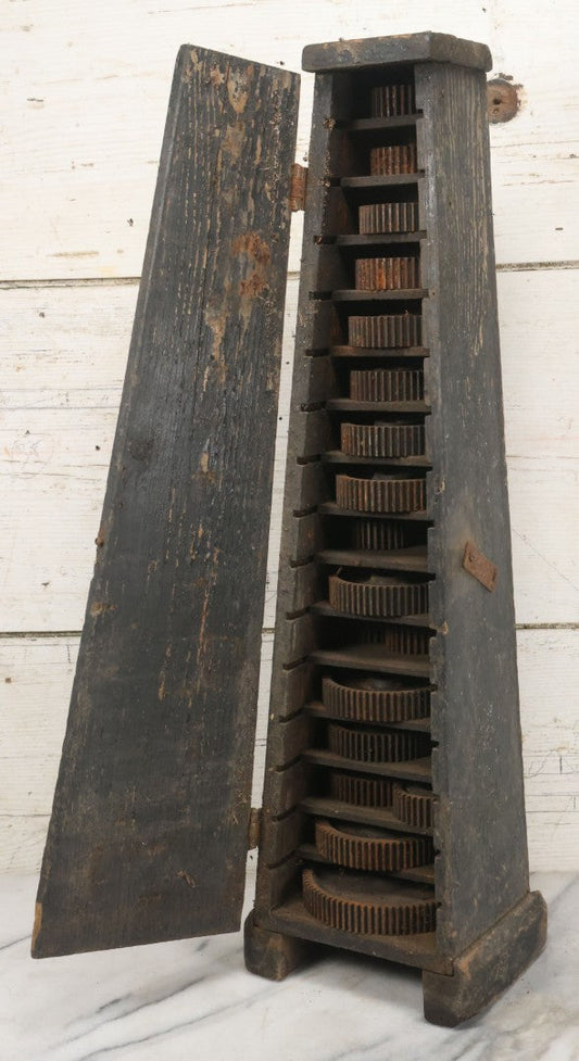 Lot 006 - Antique Industrial Salvage Decor Graduated Cast Iron Gear Tapered Wooden Storage Box, With Dividing Shelves And Contents, With Hinged Door, As Found, Dimensions In Description