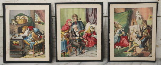 Lot 137 - Grouping Of 3 Antique Hand Colored Prints Of Comic Anthropomorphic Monkeys In Various Scenes Including Monkey Torturing Kittens, Backed With Mat Board