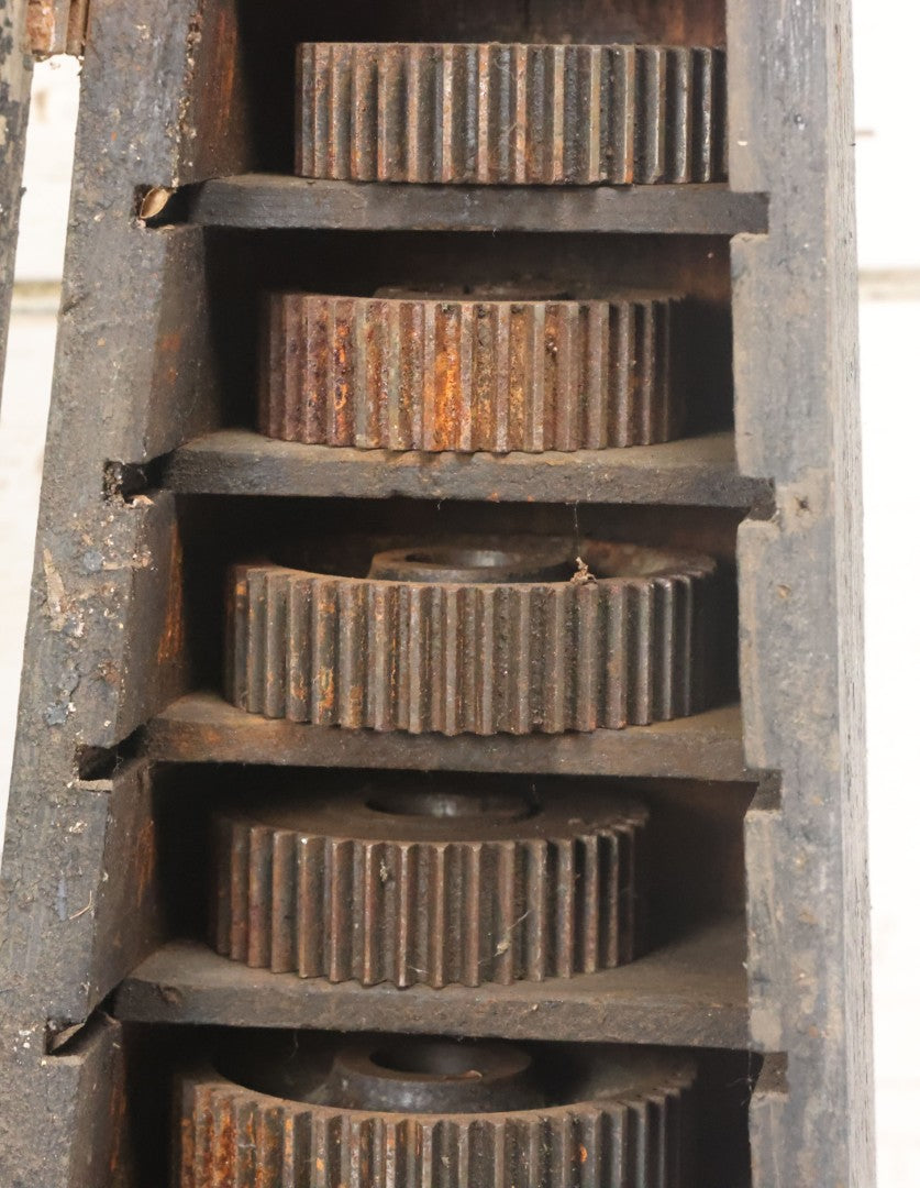 Lot 006 - Antique Industrial Salvage Decor Graduated Cast Iron Gear Tapered Wooden Storage Box, With Dividing Shelves And Contents, With Hinged Door, As Found, Dimensions In Description