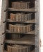 Lot 006 - Antique Industrial Salvage Decor Graduated Cast Iron Gear Tapered Wooden Storage Box, With Dividing Shelves And Contents, With Hinged Door, As Found, Dimensions In Description