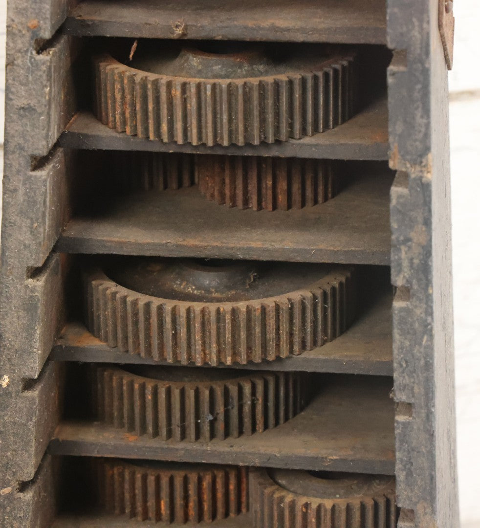 Lot 006 - Antique Industrial Salvage Decor Graduated Cast Iron Gear Tapered Wooden Storage Box, With Dividing Shelves And Contents, With Hinged Door, As Found, Dimensions In Description