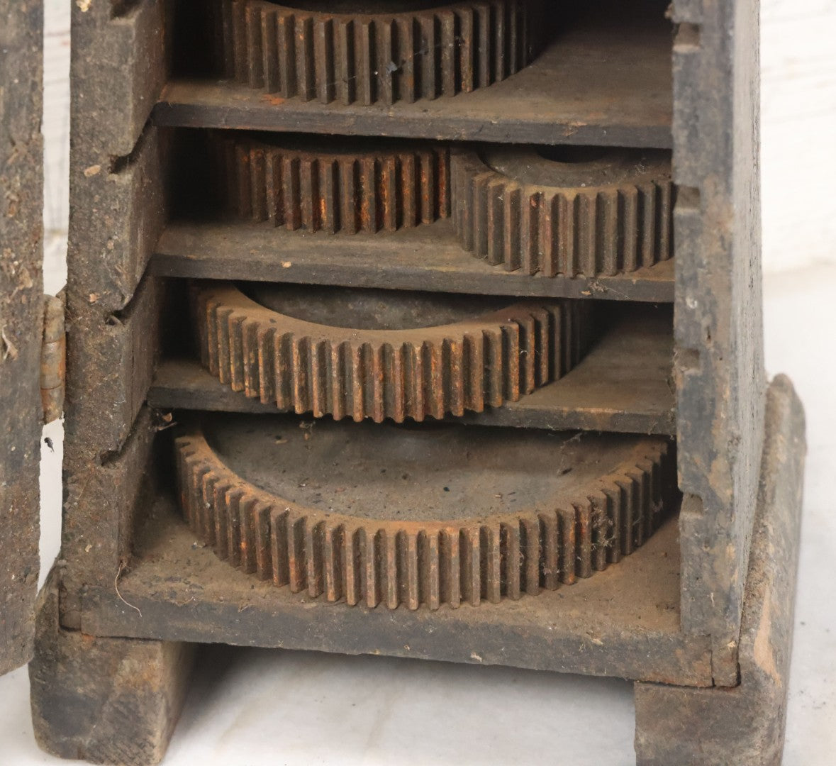 Lot 006 - Antique Industrial Salvage Decor Graduated Cast Iron Gear Tapered Wooden Storage Box, With Dividing Shelves And Contents, With Hinged Door, As Found, Dimensions In Description