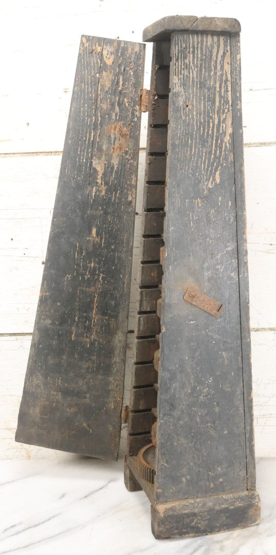 Lot 006 - Antique Industrial Salvage Decor Graduated Cast Iron Gear Tapered Wooden Storage Box, With Dividing Shelves And Contents, With Hinged Door, As Found, Dimensions In Description