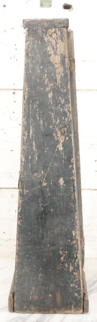 Lot 006 - Antique Industrial Salvage Decor Graduated Cast Iron Gear Tapered Wooden Storage Box, With Dividing Shelves And Contents, With Hinged Door, As Found, Dimensions In Description