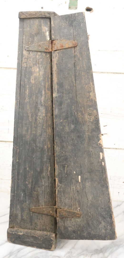 Lot 006 - Antique Industrial Salvage Decor Graduated Cast Iron Gear Tapered Wooden Storage Box, With Dividing Shelves And Contents, With Hinged Door, As Found, Dimensions In Description