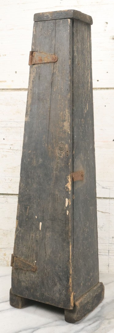 Lot 006 - Antique Industrial Salvage Decor Graduated Cast Iron Gear Tapered Wooden Storage Box, With Dividing Shelves And Contents, With Hinged Door, As Found, Dimensions In Description