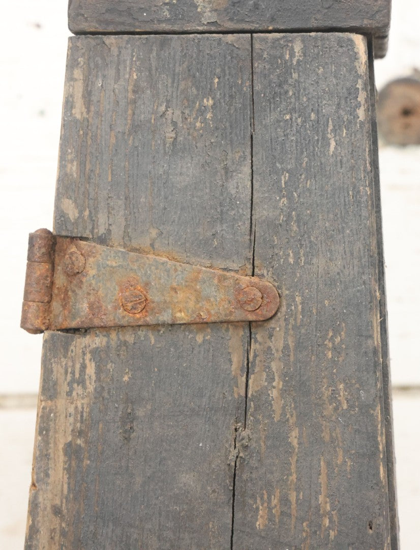 Lot 006 - Antique Industrial Salvage Decor Graduated Cast Iron Gear Tapered Wooden Storage Box, With Dividing Shelves And Contents, With Hinged Door, As Found, Dimensions In Description