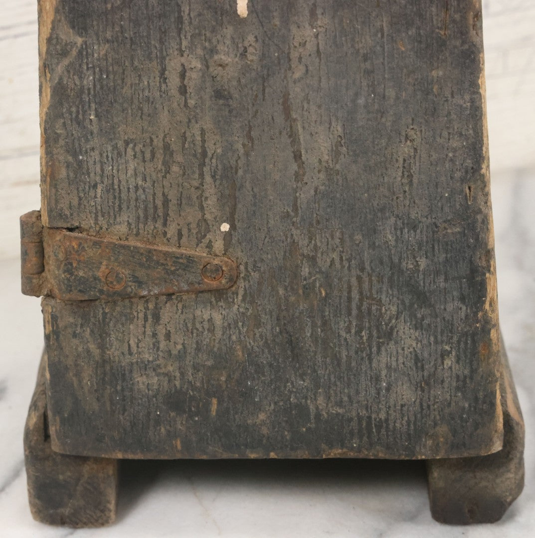 Lot 006 - Antique Industrial Salvage Decor Graduated Cast Iron Gear Tapered Wooden Storage Box, With Dividing Shelves And Contents, With Hinged Door, As Found, Dimensions In Description