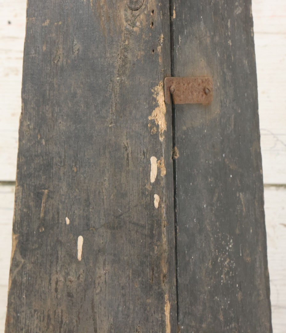 Lot 006 - Antique Industrial Salvage Decor Graduated Cast Iron Gear Tapered Wooden Storage Box, With Dividing Shelves And Contents, With Hinged Door, As Found, Dimensions In Description