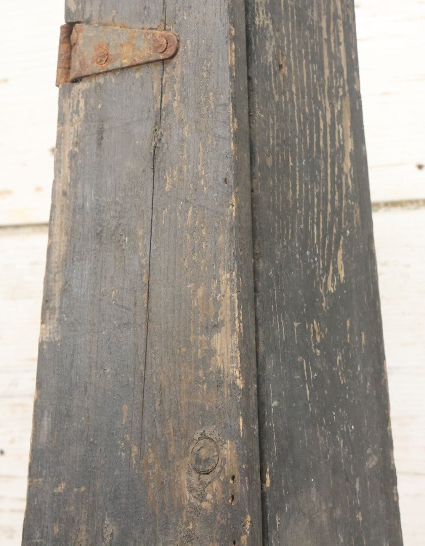 Lot 006 - Antique Industrial Salvage Decor Graduated Cast Iron Gear Tapered Wooden Storage Box, With Dividing Shelves And Contents, With Hinged Door, As Found, Dimensions In Description