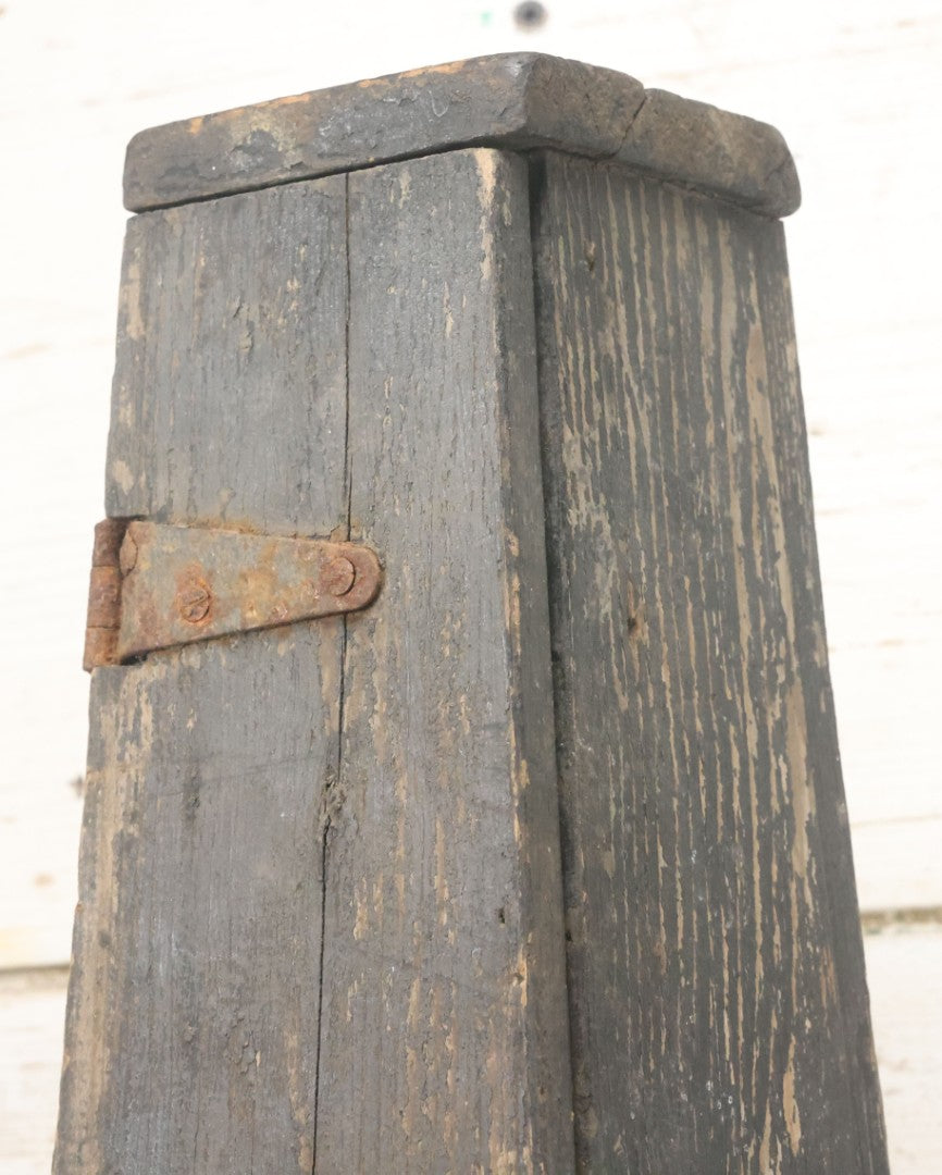 Lot 006 - Antique Industrial Salvage Decor Graduated Cast Iron Gear Tapered Wooden Storage Box, With Dividing Shelves And Contents, With Hinged Door, As Found, Dimensions In Description