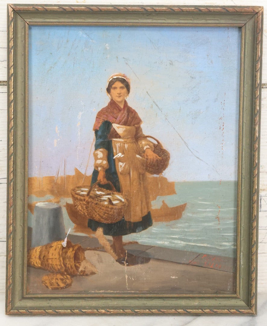 Lot 007 - Antique Painting On Wood Panel Of A Dutch Girl With Fishing Baskets, Signed Calille Salanson, Late 19th Century, Note Scratches And Wear Throughout, In Frame 9-5/8" x 11-3/4"