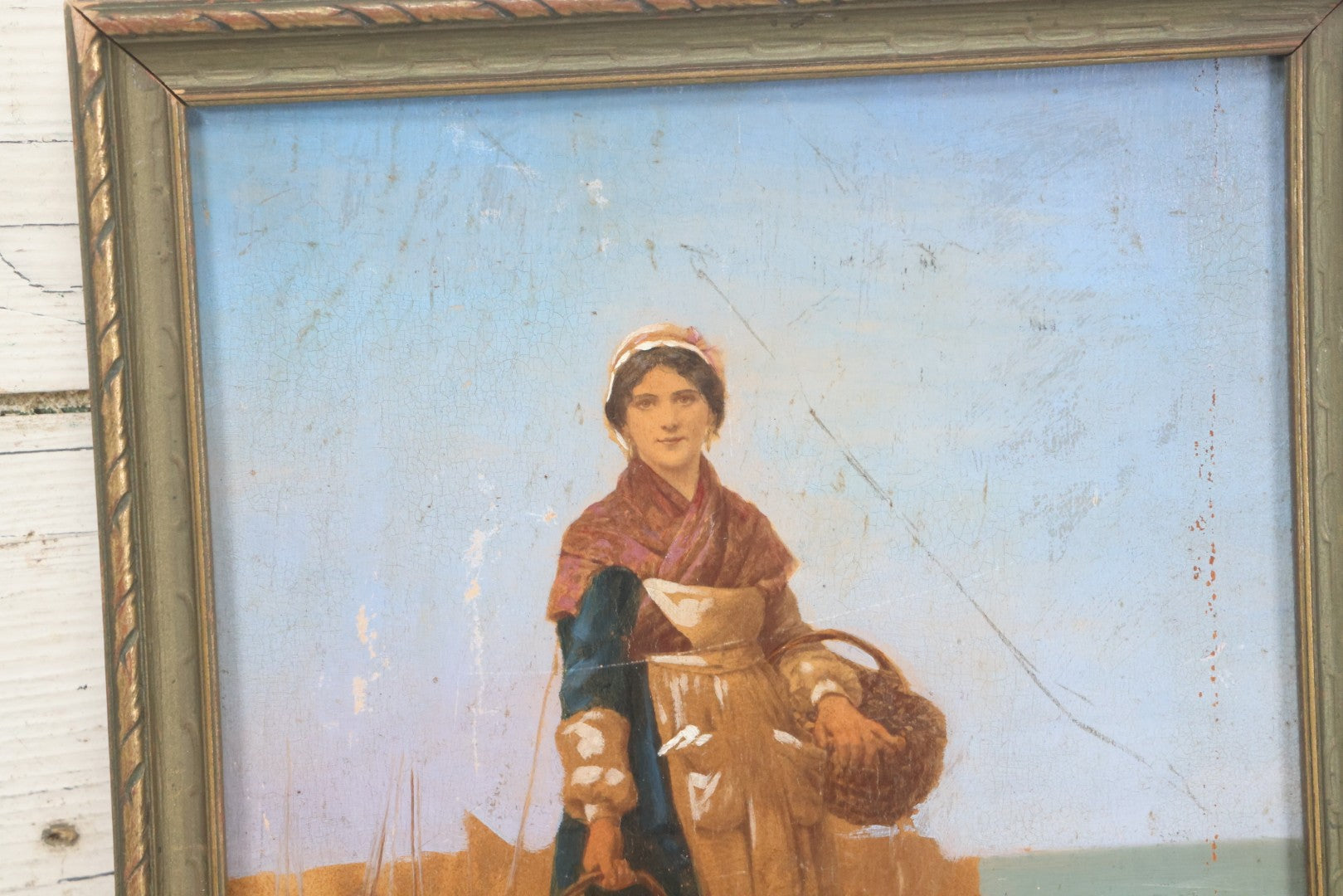 Lot 007 - Antique Painting On Wood Panel Of A Dutch Girl With Fishing Baskets, Signed Calille Salanson, Late 19th Century, Note Scratches And Wear Throughout, In Frame 9-5/8" x 11-3/4"