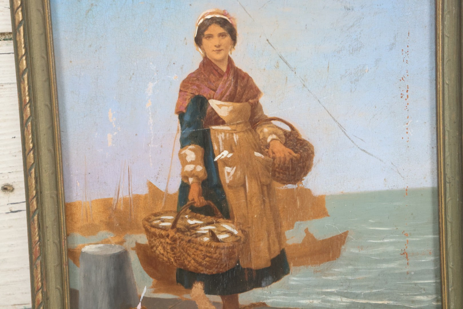Lot 007 - Antique Painting On Wood Panel Of A Dutch Girl With Fishing Baskets, Signed Calille Salanson, Late 19th Century, Note Scratches And Wear Throughout, In Frame 9-5/8" x 11-3/4"