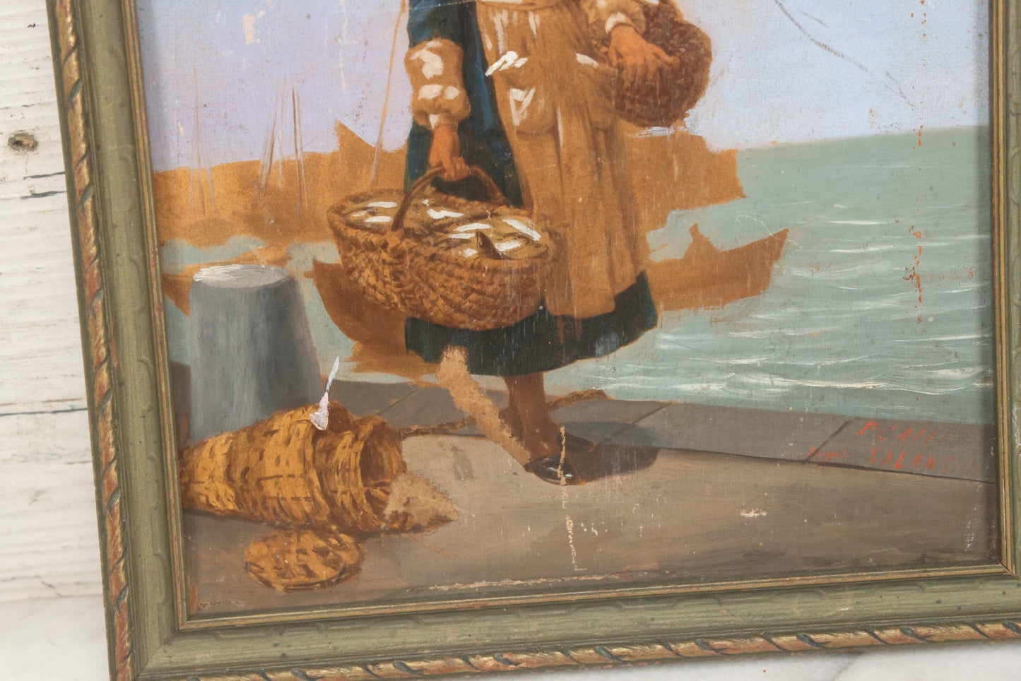 Lot 007 - Antique Painting On Wood Panel Of A Dutch Girl With Fishing Baskets, Signed Calille Salanson, Late 19th Century, Note Scratches And Wear Throughout, In Frame 9-5/8" x 11-3/4"
