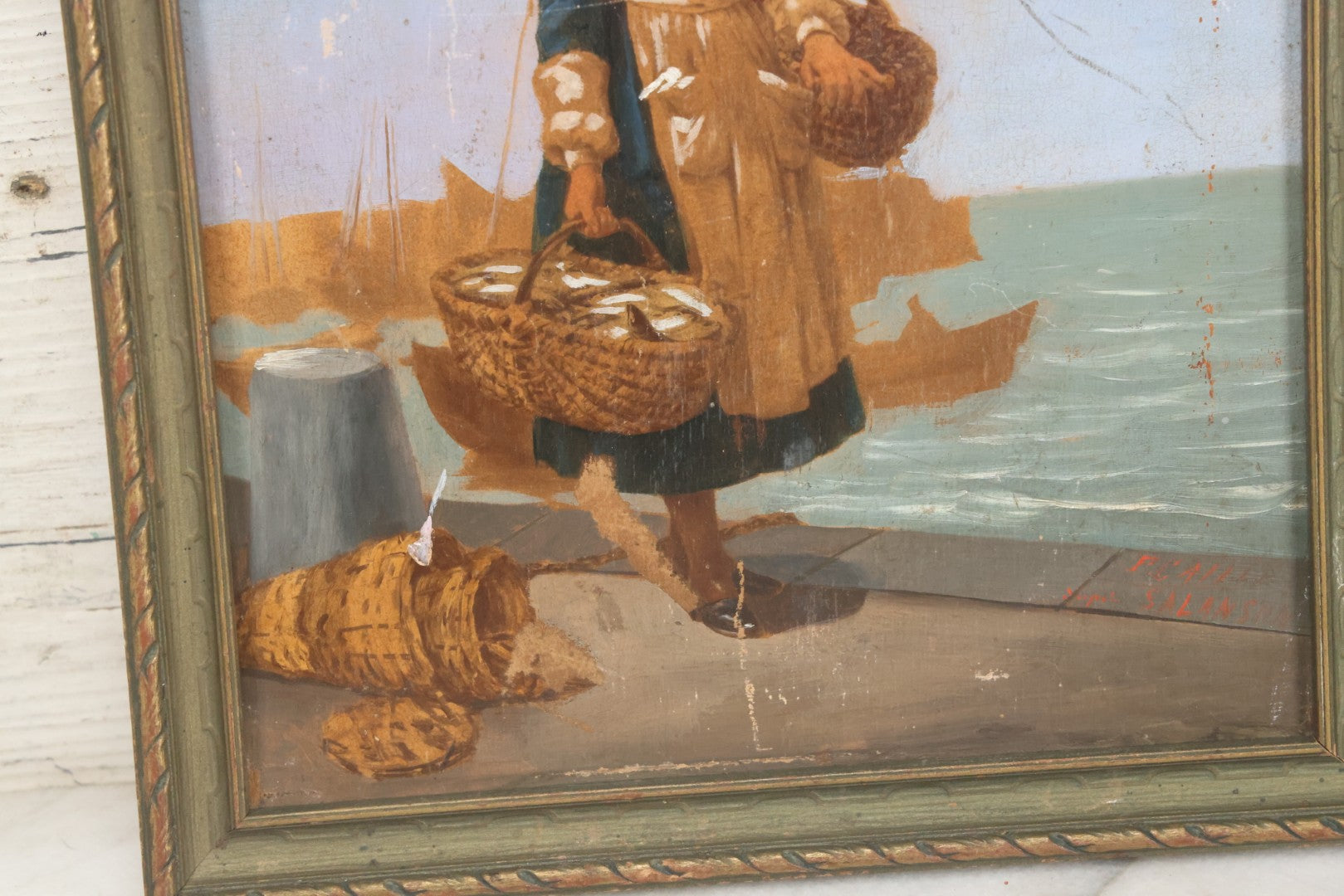 Lot 007 - Antique Painting On Wood Panel Of A Dutch Girl With Fishing Baskets, Signed Calille Salanson, Late 19th Century, Note Scratches And Wear Throughout, In Frame 9-5/8" x 11-3/4"