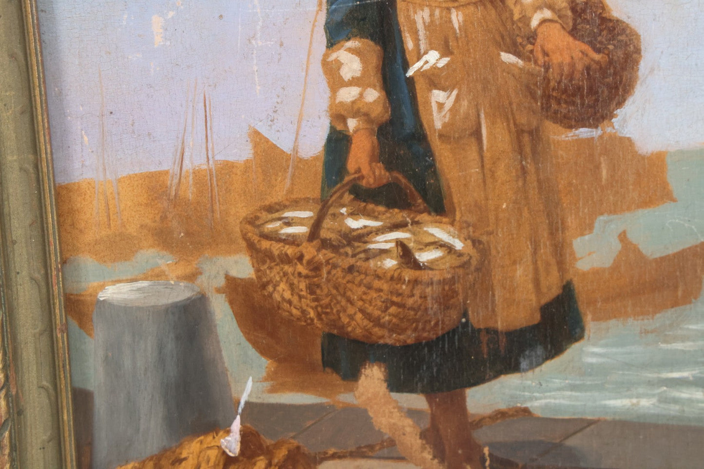 Lot 007 - Antique Painting On Wood Panel Of A Dutch Girl With Fishing Baskets, Signed Calille Salanson, Late 19th Century, Note Scratches And Wear Throughout, In Frame 9-5/8" x 11-3/4"