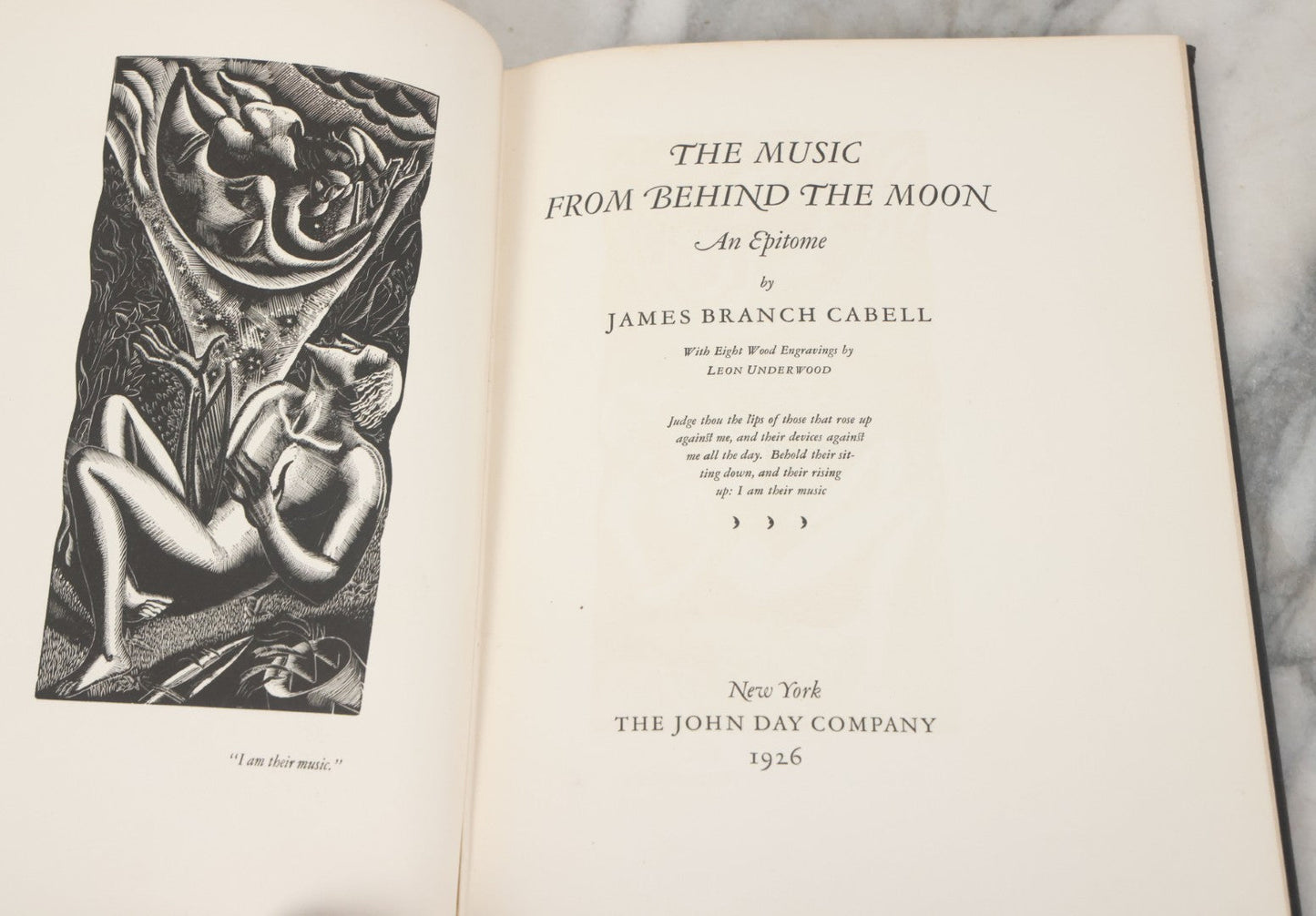 Lot 152 - "The Music From Behind The Moon, An Epitome" Vintage Book By James Branch Cabell, With 8 Engravings By Leon Underwood, First Publication Of The John Day Company, Publishers, New York, 1926, First Edition, Limited Edition Of 3000 Copies