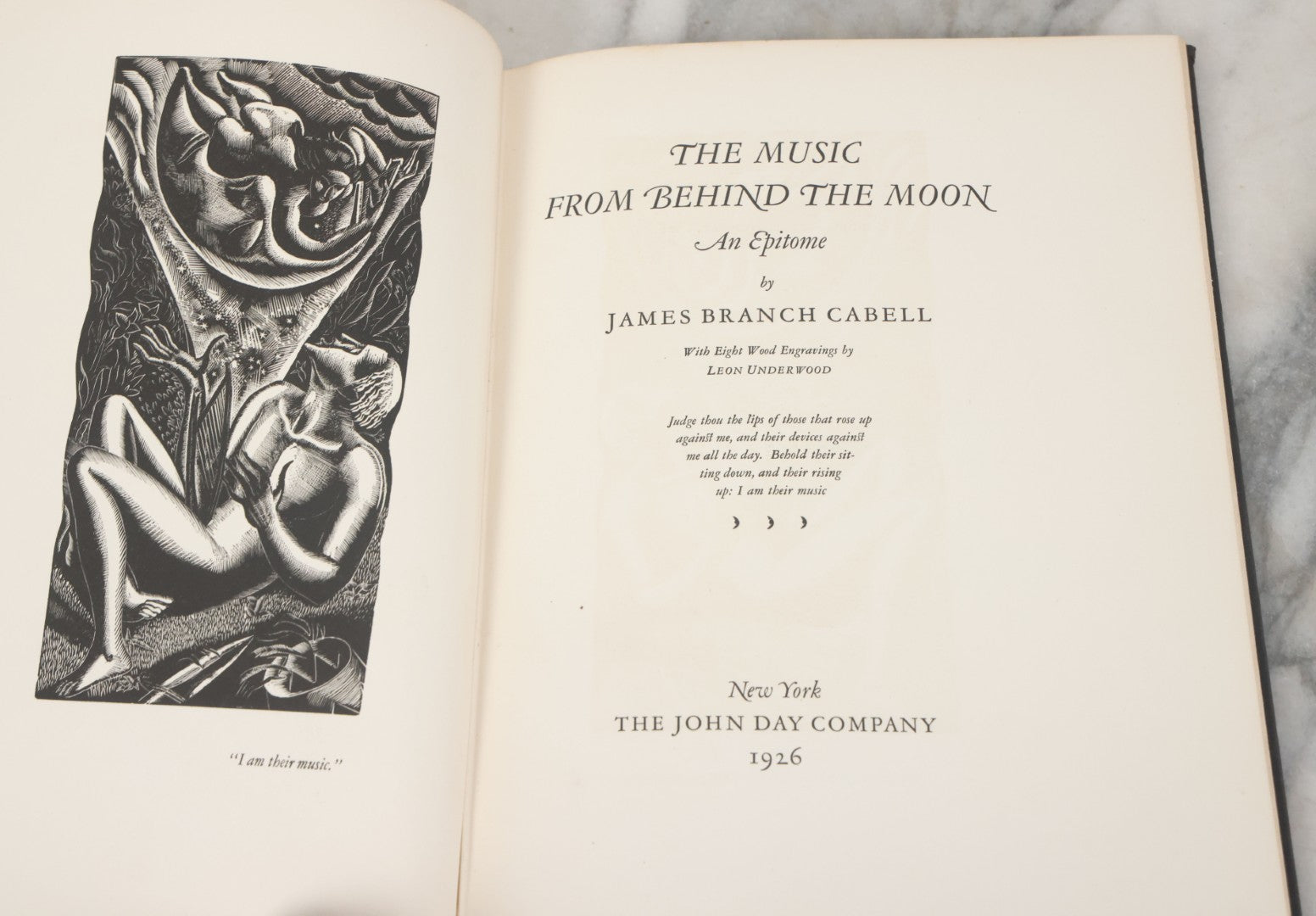 Lot 152 - "The Music From Behind The Moon, An Epitome" Vintage Book By James Branch Cabell, With 8 Engravings By Leon Underwood, First Publication Of The John Day Company, Publishers, New York, 1926, First Edition, Limited Edition Of 3000 Copies