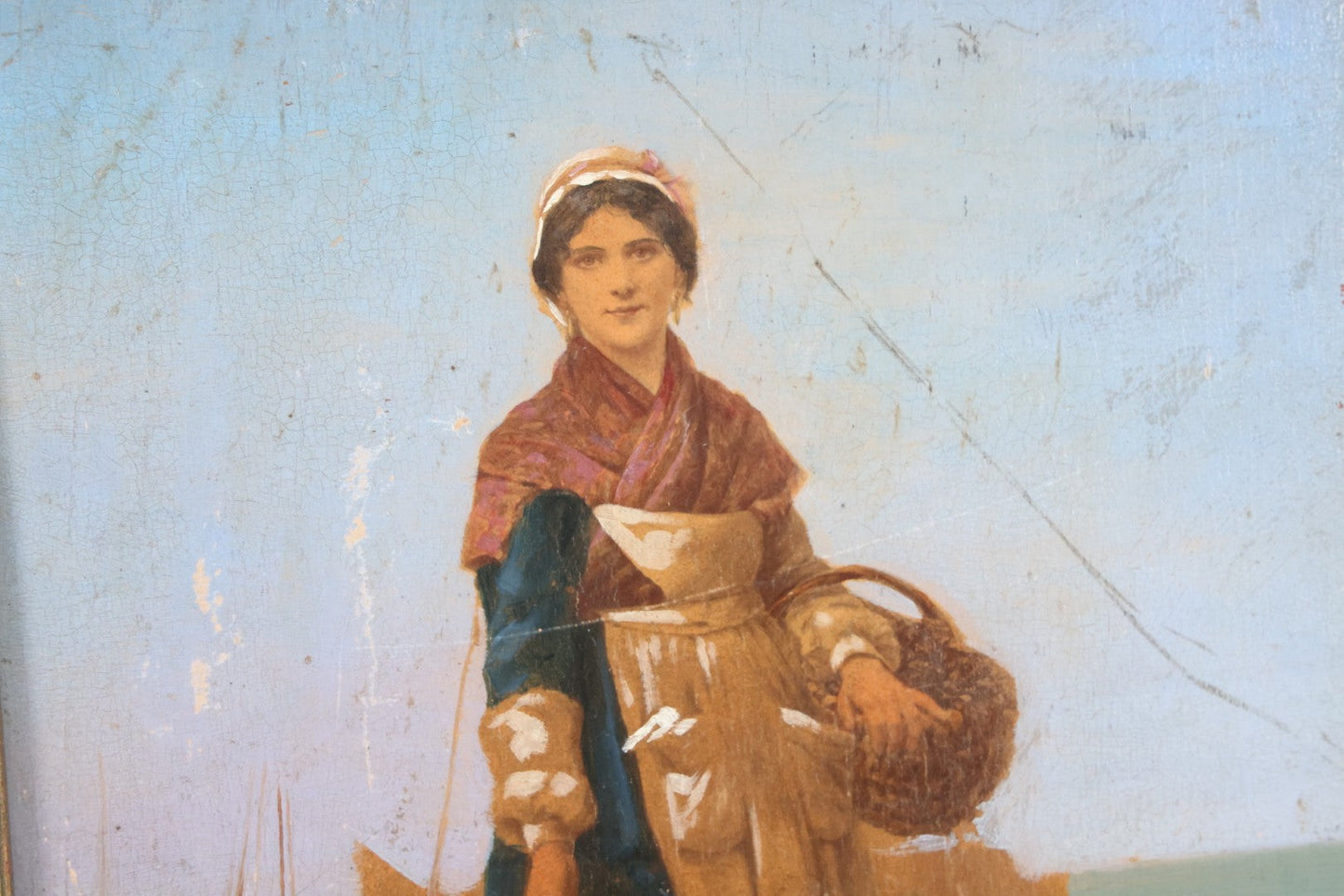 Lot 007 - Antique Painting On Wood Panel Of A Dutch Girl With Fishing Baskets, Signed Calille Salanson, Late 19th Century, Note Scratches And Wear Throughout, In Frame 9-5/8" x 11-3/4"