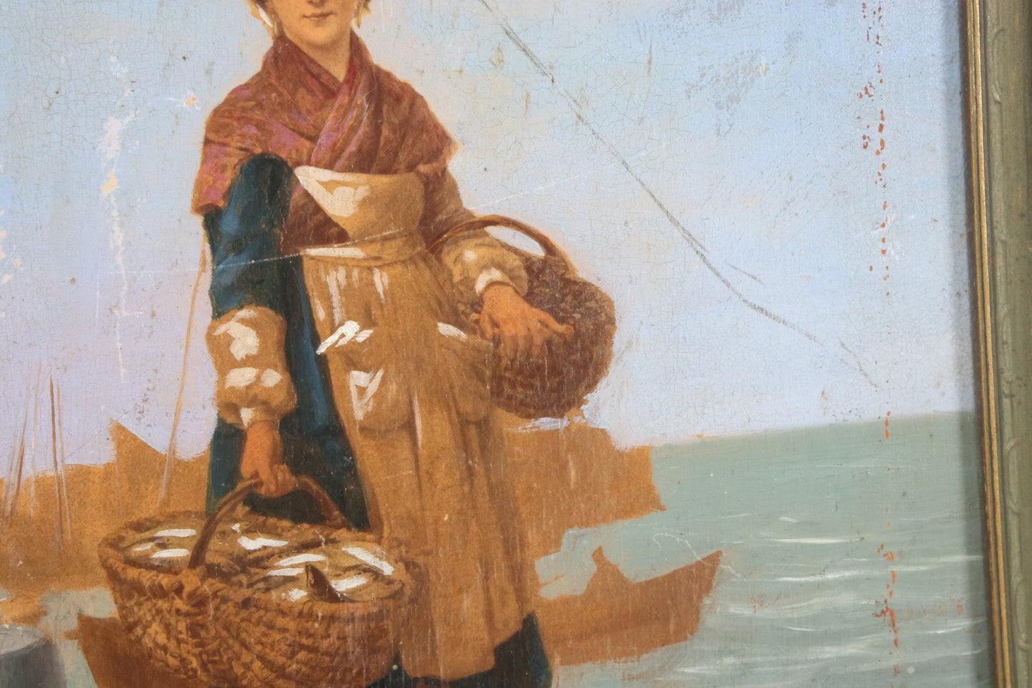Lot 007 - Antique Painting On Wood Panel Of A Dutch Girl With Fishing Baskets, Signed Calille Salanson, Late 19th Century, Note Scratches And Wear Throughout, In Frame 9-5/8" x 11-3/4"