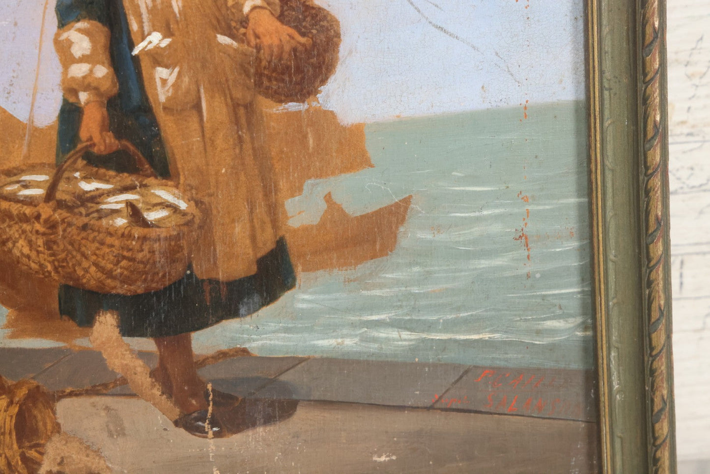 Lot 007 - Antique Painting On Wood Panel Of A Dutch Girl With Fishing Baskets, Signed Calille Salanson, Late 19th Century, Note Scratches And Wear Throughout, In Frame 9-5/8" x 11-3/4"