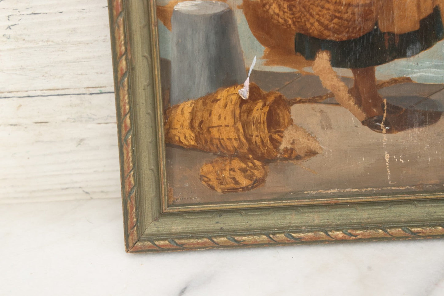 Lot 007 - Antique Painting On Wood Panel Of A Dutch Girl With Fishing Baskets, Signed Calille Salanson, Late 19th Century, Note Scratches And Wear Throughout, In Frame 9-5/8" x 11-3/4"