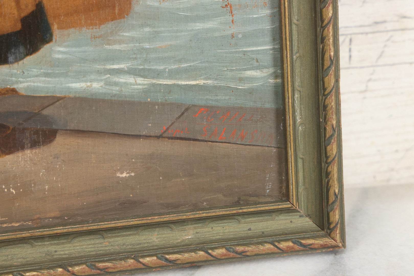 Lot 007 - Antique Painting On Wood Panel Of A Dutch Girl With Fishing Baskets, Signed Calille Salanson, Late 19th Century, Note Scratches And Wear Throughout, In Frame 9-5/8" x 11-3/4"
