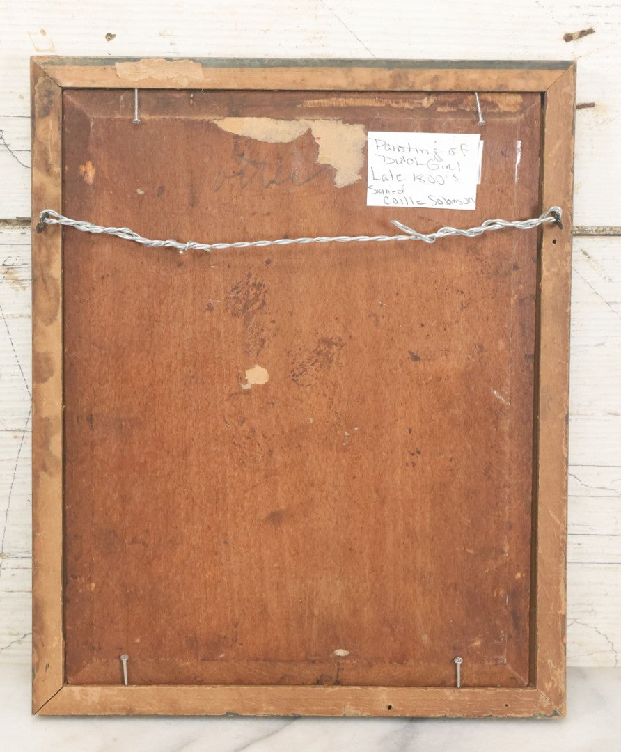 Lot 007 - Antique Painting On Wood Panel Of A Dutch Girl With Fishing Baskets, Signed Calille Salanson, Late 19th Century, Note Scratches And Wear Throughout, In Frame 9-5/8" x 11-3/4"