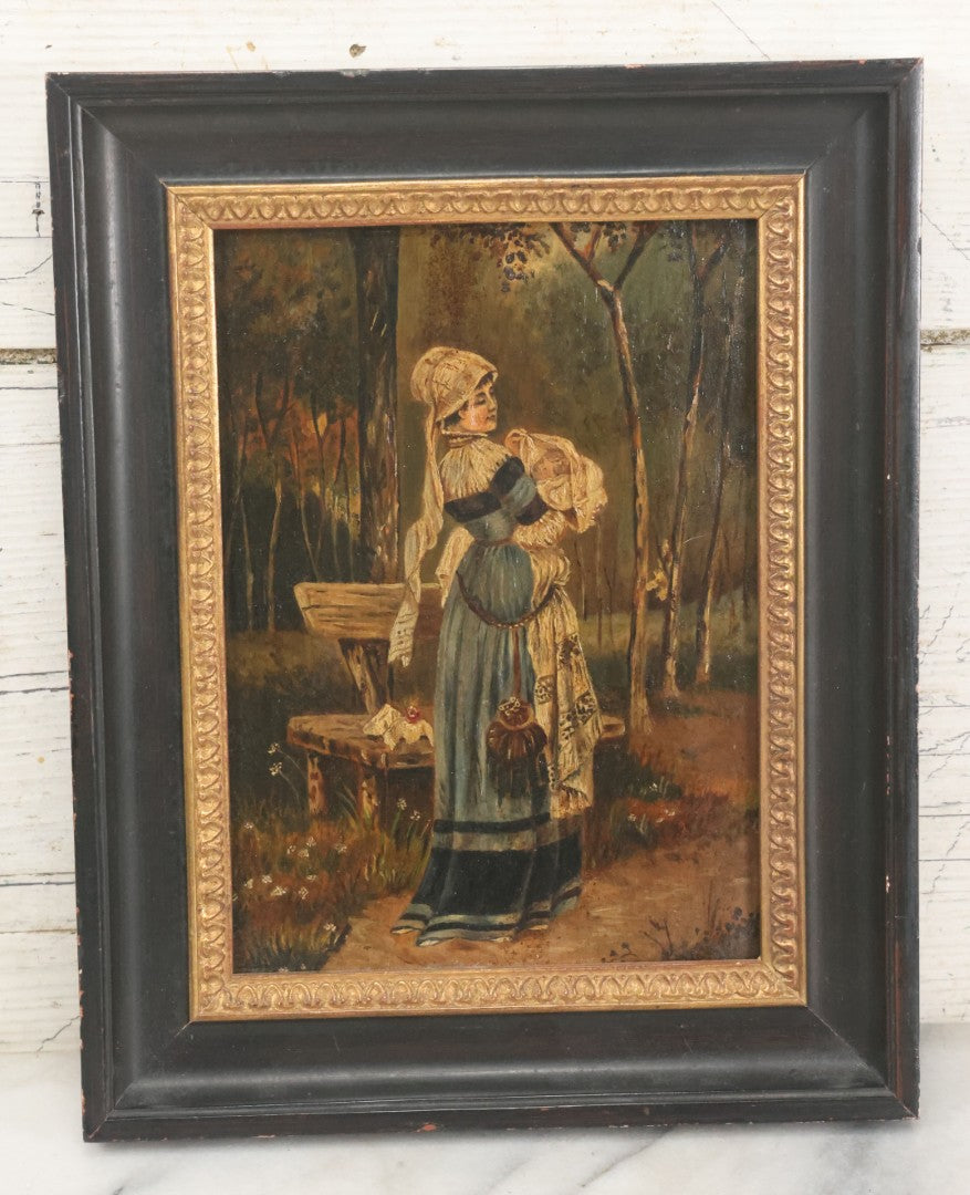 Lot 008 - Antique Painting On Wood Panel Of Victorian Woman In Blue Dress Holding Swaddled Baby By Park Bench, Unsigned, In Modern Frame, 9-1/2" x 11-7/8"