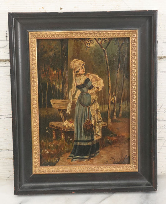 Lot 008 - Antique Painting On Wood Panel Of Victorian Woman In Blue Dress Holding Swaddled Baby By Park Bench, Unsigned, In Modern Frame, 9-1/2" x 11-7/8"