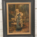 Lot 008 - Antique Painting On Wood Panel Of Victorian Woman In Blue Dress Holding Swaddled Baby By Park Bench, Unsigned, In Modern Frame, 9-1/2" x 11-7/8"